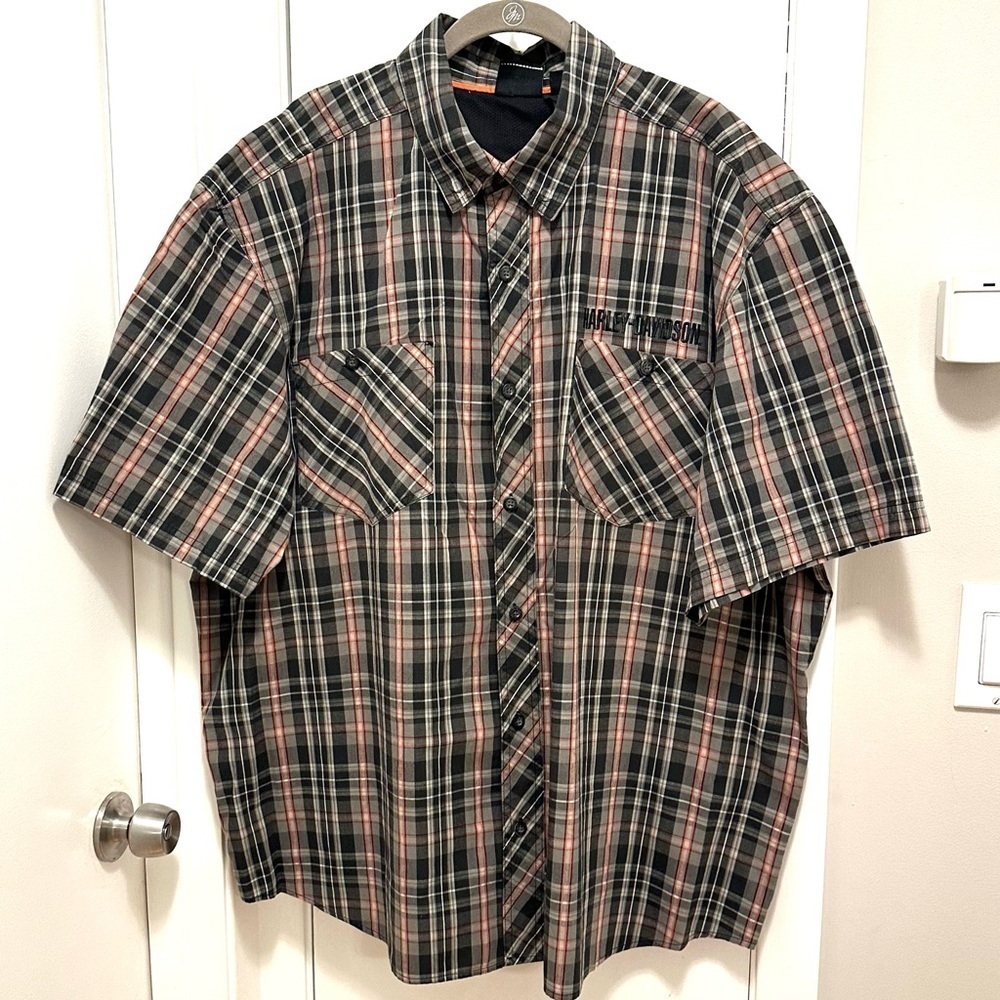 Harley Davidson Mens Button Down Shirt 3XL Plaid Skull Embroidered Short Sleeve